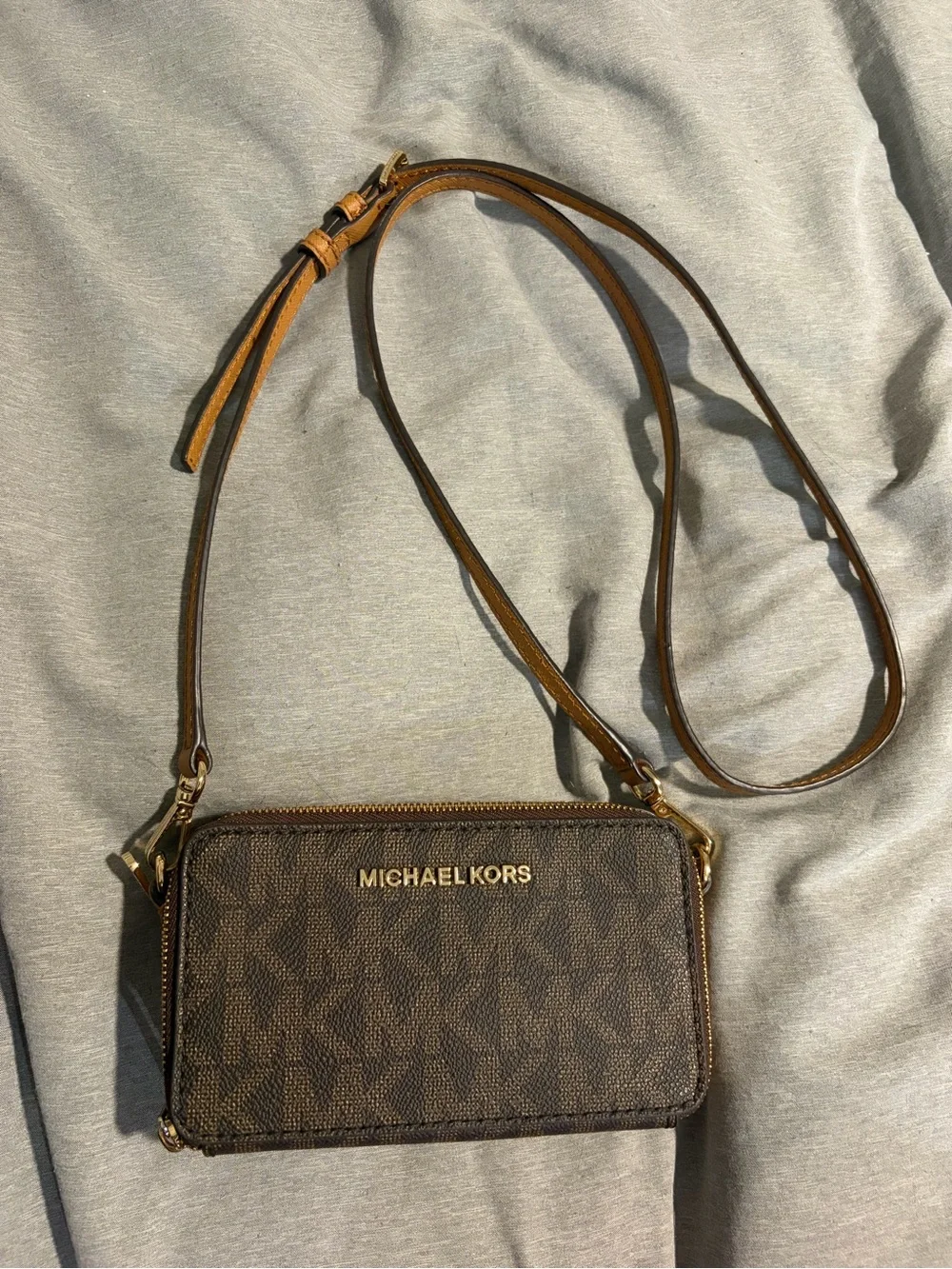 Michael Kors Brown MK Logo Crossbody Wallet with Gold Hardware